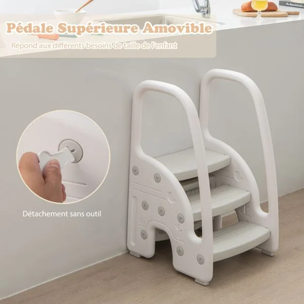 Tabouret Enfants 3 Marches avec Pédale Amovible Marche Pied Enfants en HDPE avec Poignées Sécurité Charge 75kg Rose