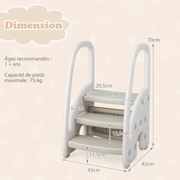Tabouret Enfants 3 Marches avec Pédale Amovible Marche Pied Enfants en HDPE avec Poignées Sécurité Charge 75kg Rose
