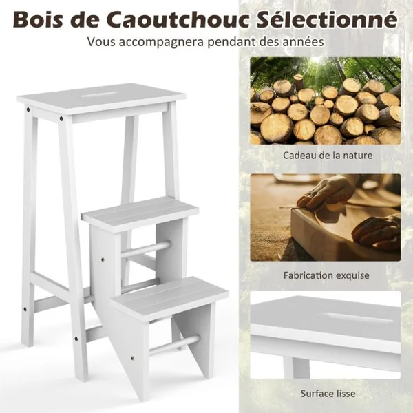 Tabouret Escabeau en Bois d'Hévéa Pliant Marchepied 3 Marches Escabeau Multifonctionnel avec Marches Réversibles Charge Totale de 310 kg Blanc