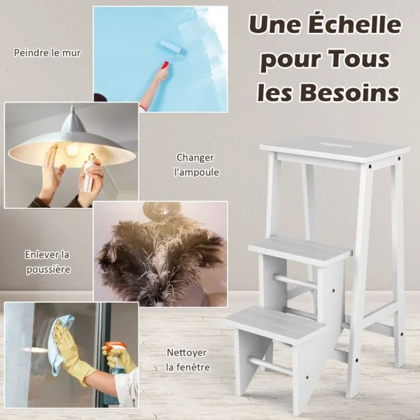 Tabouret Escabeau en Bois d'Hévéa Pliant Marchepied 3 Marches Escabeau Multifonctionnel avec Marches Réversibles Charge Totale de 310 kg Blanc