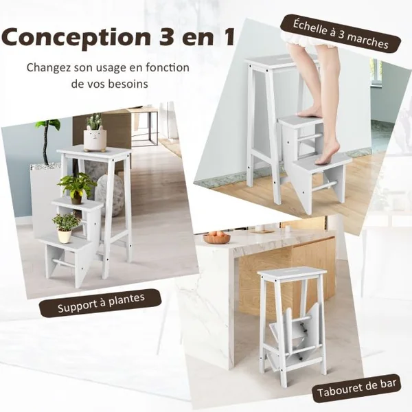 Tabouret Escabeau en Bois d'Hévéa Pliant Marchepied 3 Marches Escabeau Multifonctionnel avec Marches Réversibles Charge Totale de 310 kg Blanc