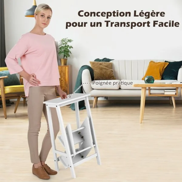 Tabouret Escabeau en Bois d'Hévéa Pliant Marchepied 3 Marches Escabeau Multifonctionnel avec Marches Réversibles Charge Totale de 310 kg Blanc