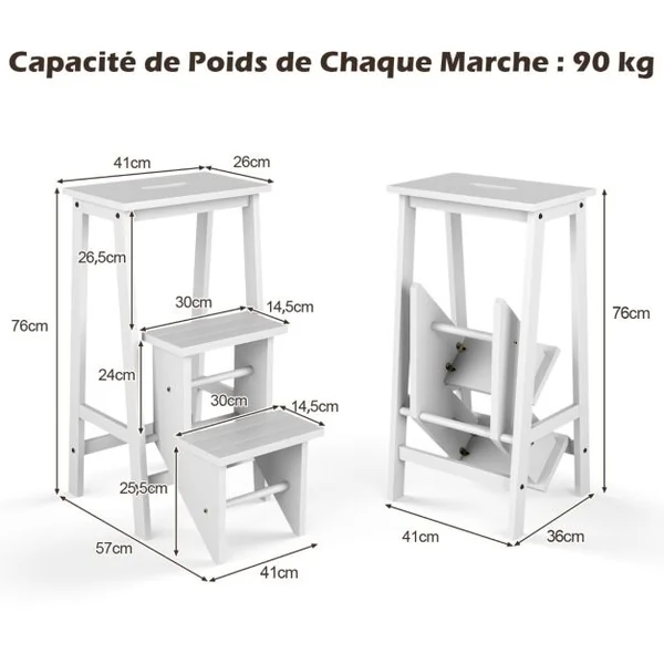 Tabouret Escabeau en Bois d'Hévéa Pliant Marchepied 3 Marches Escabeau Multifonctionnel avec Marches Réversibles Charge Totale de 310 kg Blanc