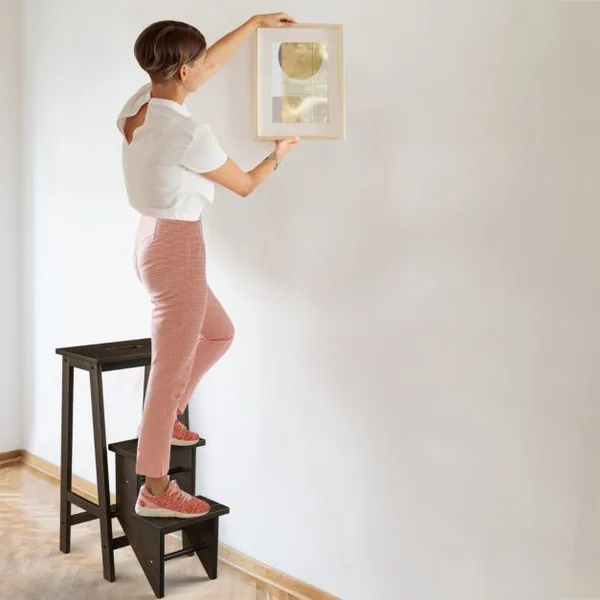 Tabouret Escabeau en Bois d'Hévéa Pliant Marchepied 3 Marches Escabeau Multifonctionnel avec Marches Réversibles Charge Totale de 310 kg Marron