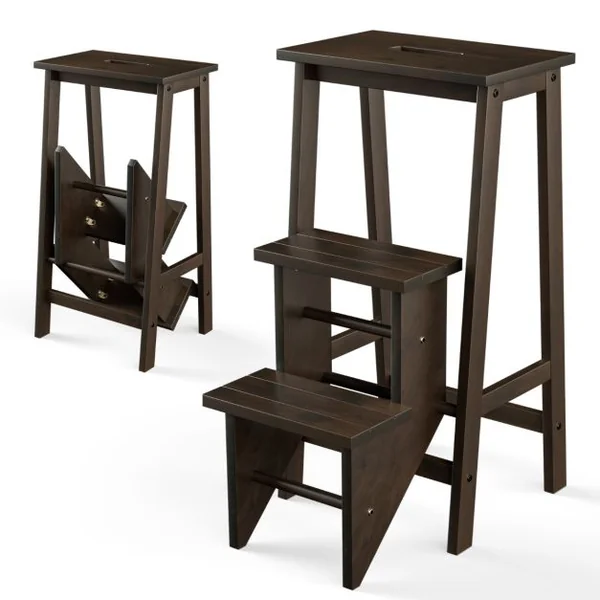 Tabouret Escabeau en Bois d'Hévéa Pliant Marchepied 3 Marches Escabeau Multifonctionnel avec Marches Réversibles Charge Totale de 310 kg Marron