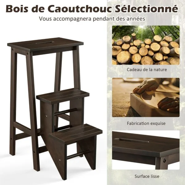 Tabouret Escabeau en Bois d'Hévéa Pliant Marchepied 3 Marches Escabeau Multifonctionnel avec Marches Réversibles Charge Totale de 310 kg Marron
