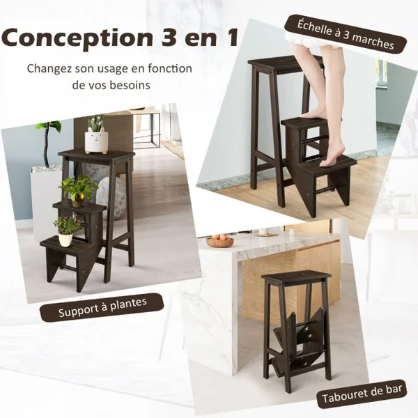 Tabouret Escabeau en Bois d'Hévéa Pliant Marchepied 3 Marches Escabeau Multifonctionnel avec Marches Réversibles Charge Totale de 310 kg Marron