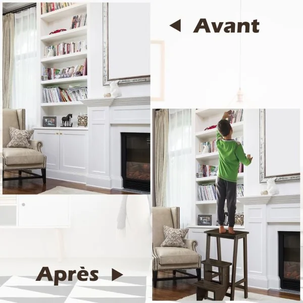 Tabouret Escabeau en Bois d'Hévéa Pliant Marchepied 3 Marches Escabeau Multifonctionnel avec Marches Réversibles Charge Totale de 310 kg Marron