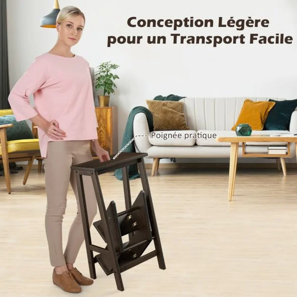 Tabouret Escabeau en Bois d'Hévéa Pliant Marchepied 3 Marches Escabeau Multifonctionnel avec Marches Réversibles Charge Totale de 310 kg Marron