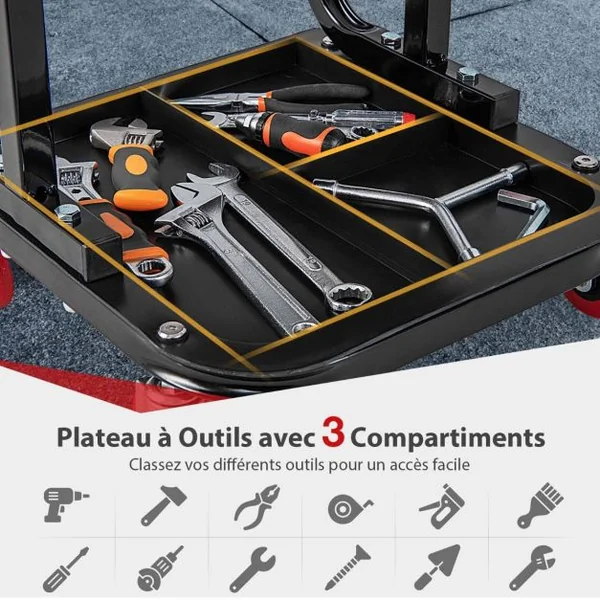 Tabouret Roulant Garage avec Plateau à Outils de Rangement Siège de Mécanicien Rembourré Charge 150 KG 38 x 37 x 36 cm