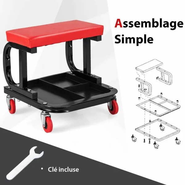 Tabouret Roulant Garage avec Plateau à Outils de Rangement Siège de Mécanicien Rembourré Charge 150 KG 38 x 37 x 36 cm