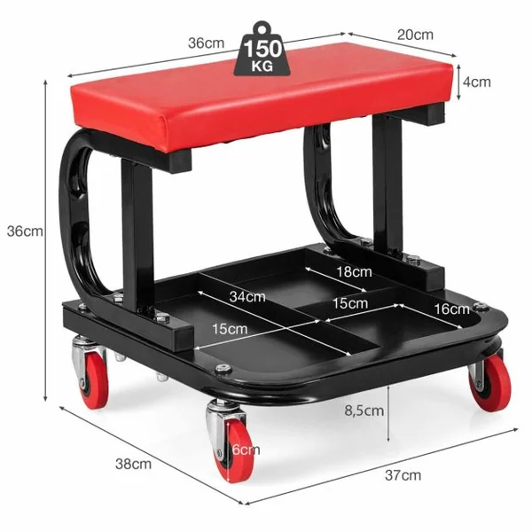 Tabouret Roulant Garage avec Plateau à Outils de Rangement Siège de Mécanicien Rembourré Charge 150 KG 38 x 37 x 36 cm