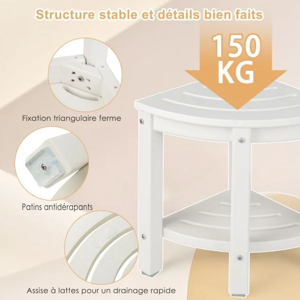 Tabouret Salle de Bain 2 Niveaux avec Étagère de Rangement pour Enfants et Adultes Charge Max 150kg 32,5x32,5x43,5cm Blanc