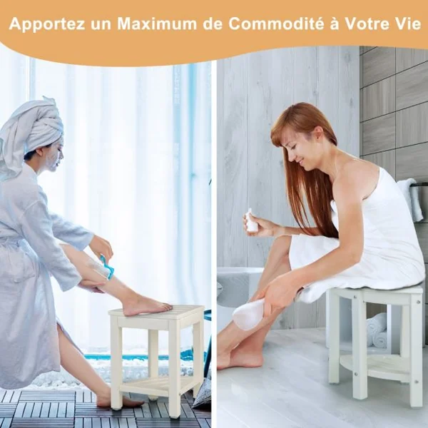 Tabouret Salle de Bain 2 Niveaux avec Étagère de Rangement pour Enfants et Adultes Charge Max 150kg 32,5x32,5x43,5cm Blanc