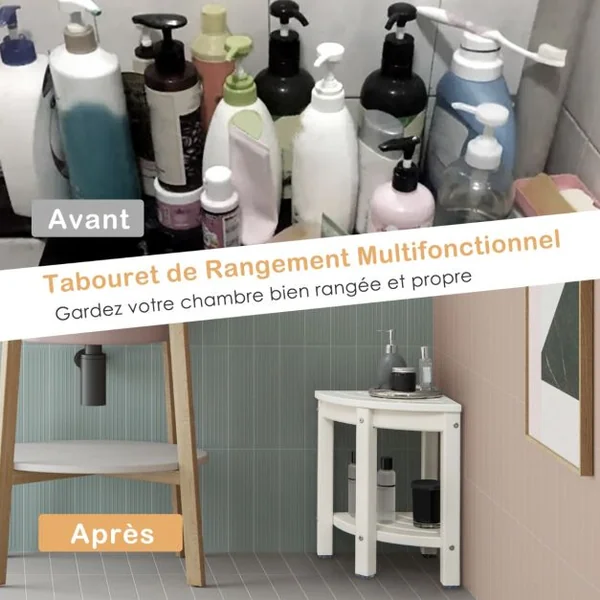 Tabouret Salle de Bain 2 Niveaux avec Étagère de Rangement pour Enfants et Adultes Charge Max 150kg 32,5x32,5x43,5cm Blanc