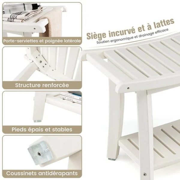 Tabouret Salle de Bain 2 Niveaux en PEHD Étanche Banc de Douche Antidérapants Siège Incurvé pour Enfants et Adultes Charge Max 150kg 60,5x34x48cm