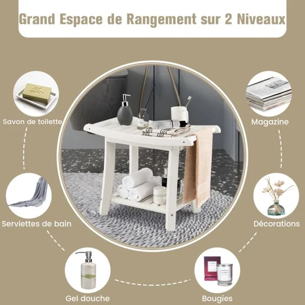 Tabouret Salle de Bain 2 Niveaux en PEHD Étanche Banc de Douche Antidérapants Siège Incurvé pour Enfants et Adultes Charge Max 150kg 60,5x34x48cm