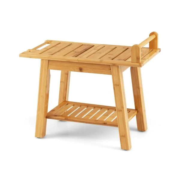 Tabouret Salle de Bain en Bambou à 2 Niveaux avec Etagère de Rangement 2 Porte-serviettes 1 Support de Douche