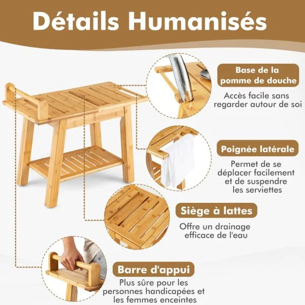 Tabouret Salle de Bain en Bambou à 2 Niveaux avec Etagère de Rangement 2 Porte-serviettes 1 Support de Douche