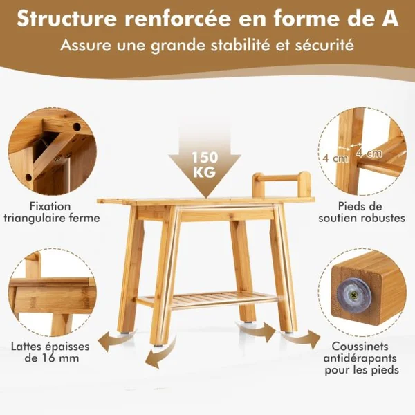 Tabouret Salle de Bain en Bambou à 2 Niveaux avec Etagère de Rangement 2 Porte-serviettes 1 Support de Douche