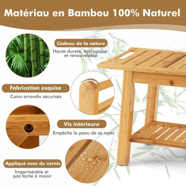 Tabouret Salle de Bain en Bambou à 2 Niveaux avec Etagère de Rangement 2 Porte-serviettes 1 Support de Douche