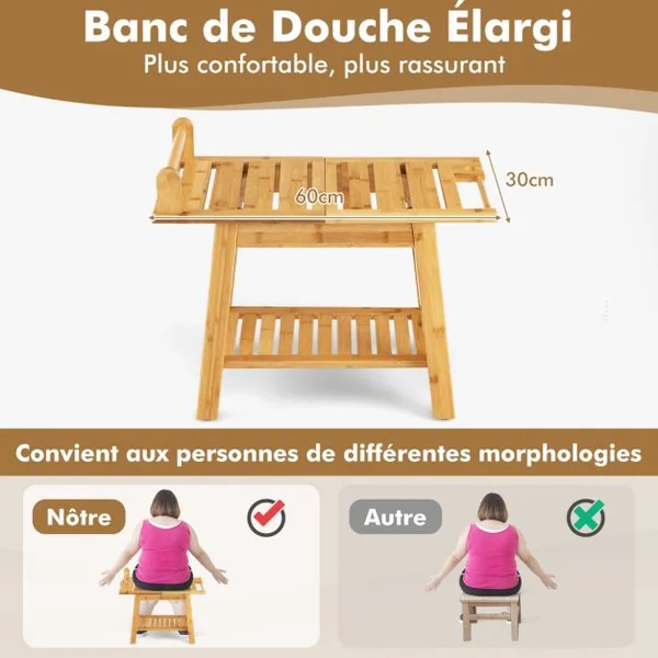 Tabouret Salle de Bain en Bambou à 2 Niveaux avec Etagère de Rangement 2 Porte-serviettes 1 Support de Douche