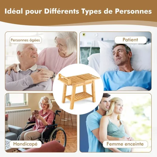 Tabouret Salle de Bain en Bambou à 2 Niveaux avec Etagère de Rangement 2 Porte-serviettes 1 Support de Douche