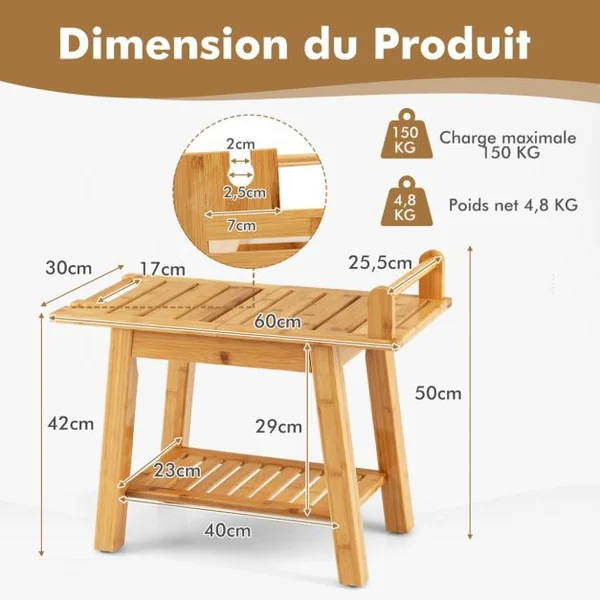 Tabouret Salle de Bain en Bambou à 2 Niveaux avec Etagère de Rangement 2 Porte-serviettes 1 Support de Douche