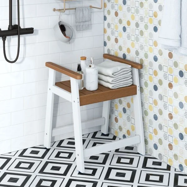Tabouret Salle de Bain Imperméable avec Accoudoirs Petit Tabouret de Douche Antidérapant Étanche Siège de Douche Intérieure pour Enfants et Adultes Marron & Blanc
