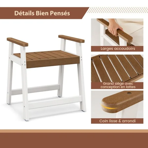 Tabouret Salle de Bain Imperméable avec Accoudoirs Petit Tabouret de Douche Antidérapant Étanche Siège de Douche Intérieure pour Enfants et Adultes Marron & Blanc