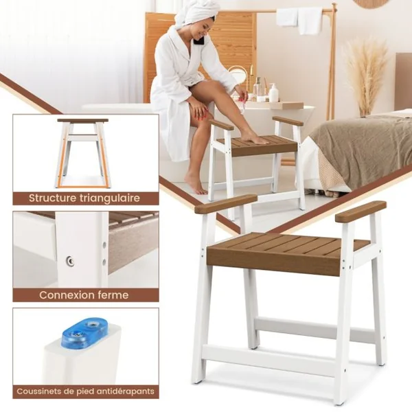 Tabouret Salle de Bain Imperméable avec Accoudoirs Petit Tabouret de Douche Antidérapant Étanche Siège de Douche Intérieure pour Enfants et Adultes Marron & Blanc
