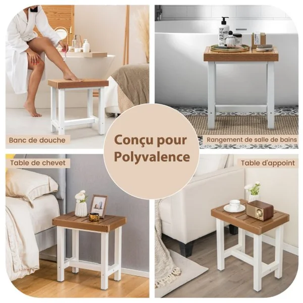 Tabouret Salle de Bain Imperméable Petit Tabouret de Douche Antidérapant Étanche Chaise Banc Salle de Bain Marron & Blanc