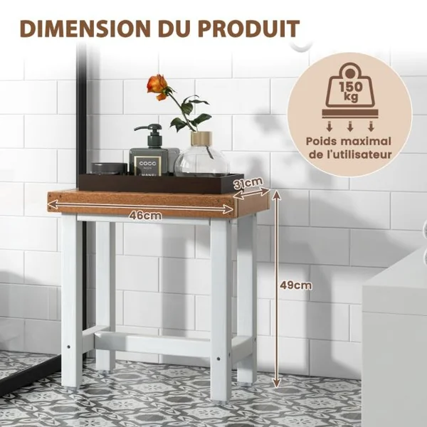 Tabouret Salle de Bain Imperméable Petit Tabouret de Douche Antidérapant Étanche Chaise Banc Salle de Bain Marron & Blanc