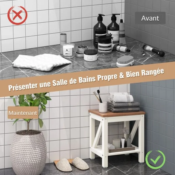 Tabouret Salle de Bain à 2 Niveaux Imperméable Petit Tabouret de Douche Antidérapant avec Étagère Rangement Chaise pour Enfants Brun