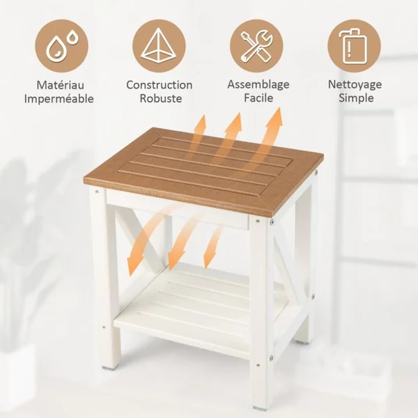 Tabouret Salle de Bain à 2 Niveaux Imperméable Petit Tabouret de Douche Antidérapant avec Étagère Rangement Chaise pour Enfants Brun