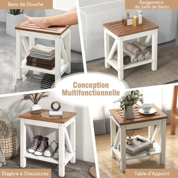 Tabouret Salle de Bain à 2 Niveaux Imperméable Petit Tabouret de Douche Antidérapant avec Étagère Rangement Chaise pour Enfants Brun