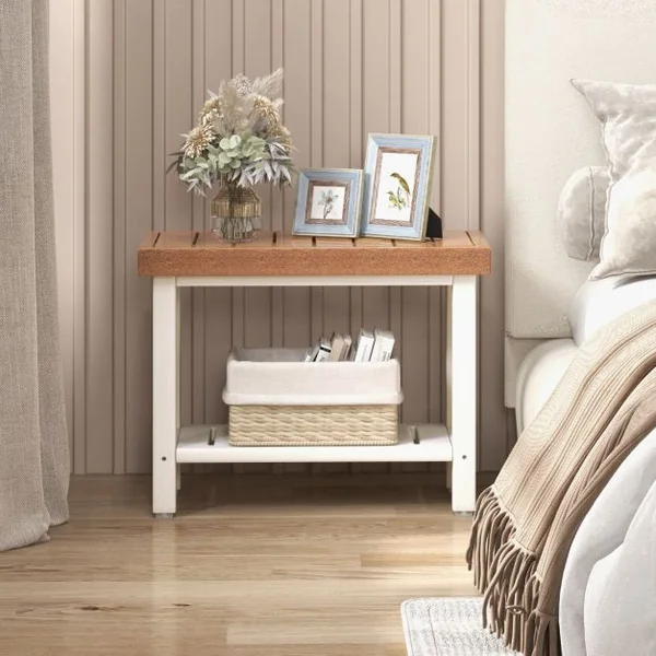 Tabouret Salle de Bain à 2 Niveaux Petit Tabouret de Douche Imperméable Antidérapant avec Étagère Rangement Chaise Banc Salle de Bain Marron & Blanc
