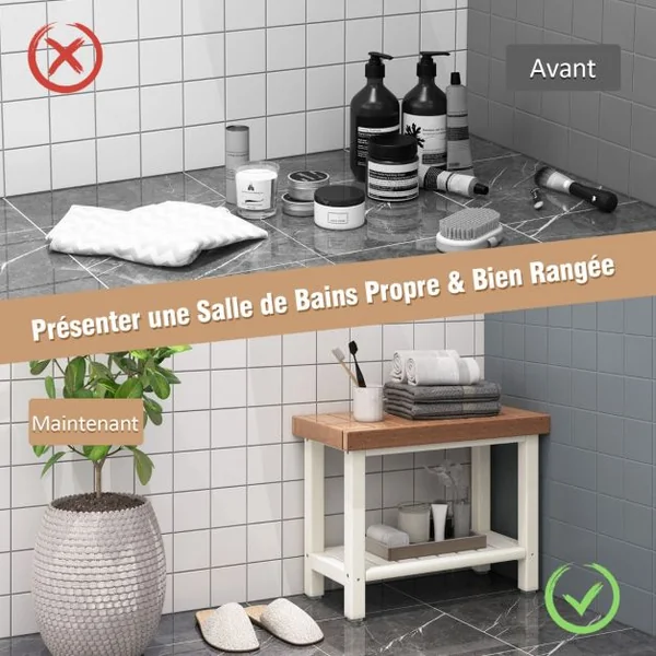 Tabouret Salle de Bain à 2 Niveaux Petit Tabouret de Douche Imperméable Antidérapant avec Étagère Rangement Chaise Banc Salle de Bain Marron & Blanc