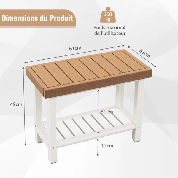 Tabouret Salle de Bain à 2 Niveaux Petit Tabouret de Douche Imperméable Antidérapant avec Étagère Rangement Chaise Banc Salle de Bain Marron & Blanc