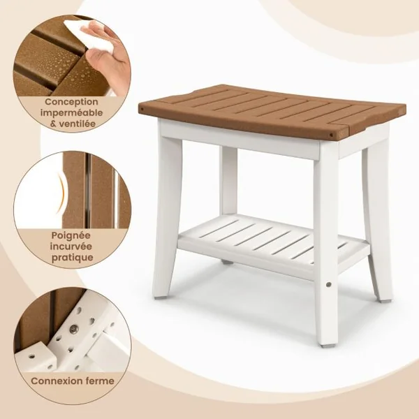 Tabouret Salle de Bain à 2 Niveaux Petit Tabouret de Douche Imperméable Antidérapant avec Étagère Rangement Marron & Blanc
