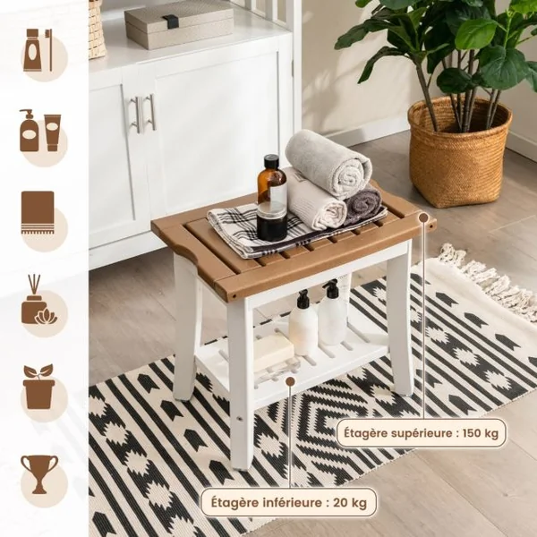 Tabouret Salle de Bain à 2 Niveaux Petit Tabouret de Douche Imperméable Antidérapant avec Étagère Rangement Marron & Blanc