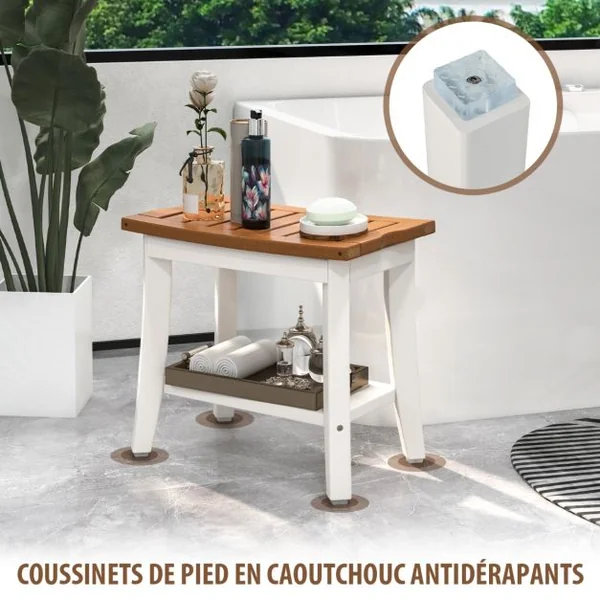 Tabouret Salle de Bain à 2 Niveaux Petit Tabouret de Douche Imperméable Antidérapant avec Étagère Rangement Marron & Blanc