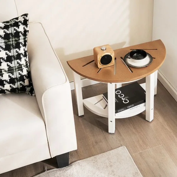 Tabouret Salle de Bain à 2 Niveaux Semi-Circulaire Petit Tabouret de Douche Imperméable Antidérapant avec Étagère Rangement Marron & Blanc
