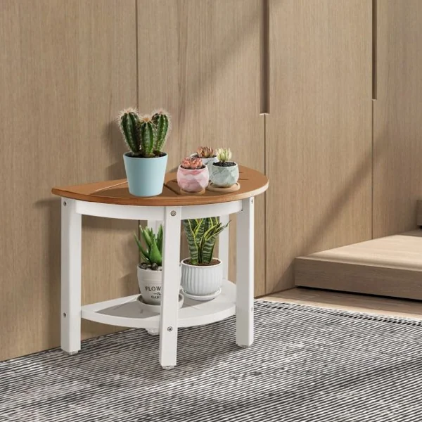 Tabouret Salle de Bain à 2 Niveaux Semi-Circulaire Petit Tabouret de Douche Imperméable Antidérapant avec Étagère Rangement Marron & Blanc