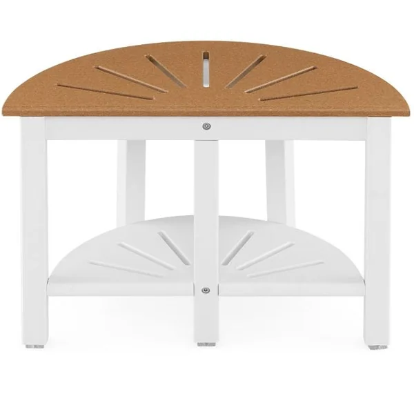 Tabouret Salle de Bain à 2 Niveaux Semi-Circulaire Petit Tabouret de Douche Imperméable Antidérapant avec Étagère Rangement Marron & Blanc
