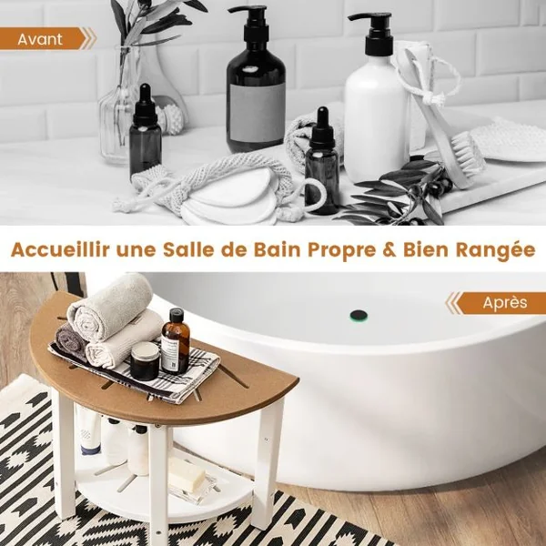 Tabouret Salle de Bain à 2 Niveaux Semi-Circulaire Petit Tabouret de Douche Imperméable Antidérapant avec Étagère Rangement Marron & Blanc