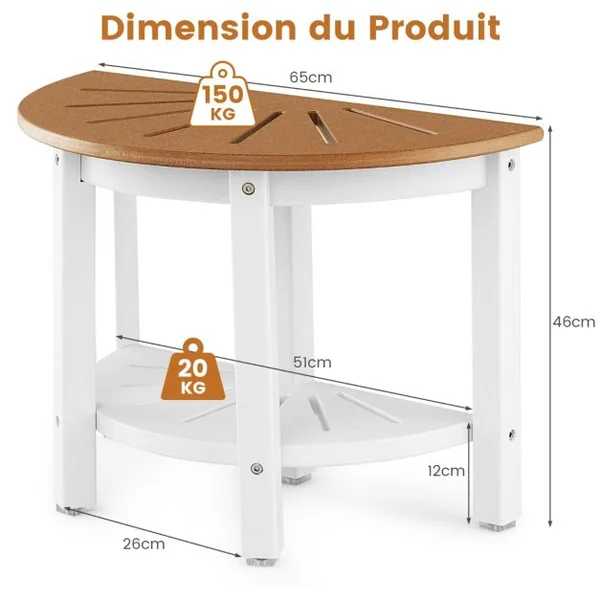 Tabouret Salle de Bain à 2 Niveaux Semi-Circulaire Petit Tabouret de Douche Imperméable Antidérapant avec Étagère Rangement Marron & Blanc