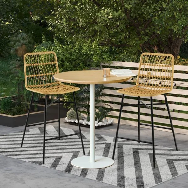 Tabourets de Bar Lot de 2 Dossier en Osier PE Siège en Cuir PU - 69 CM de Haut Style Naturel