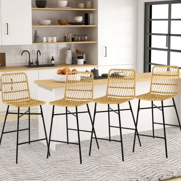 Tabourets de Bar Lot de 2 Dossier en Osier PE Siège en Cuir PU - 69 CM de Haut Style Naturel