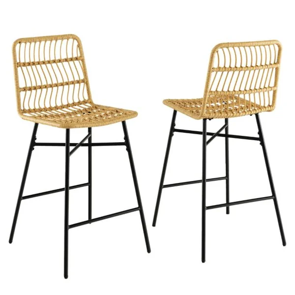 Tabourets de Bar Lot de 2 Dossier en Osier PE Siège en Cuir PU - 69 CM de Haut Style Naturel